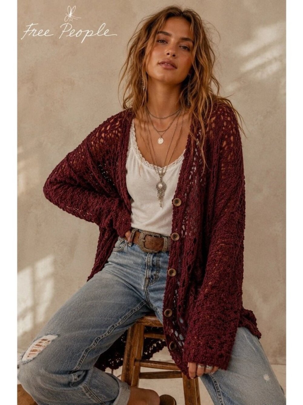 NWT Free People V-Neck Open Crochet Knit Button Front Cardigan Sweater XS Boho